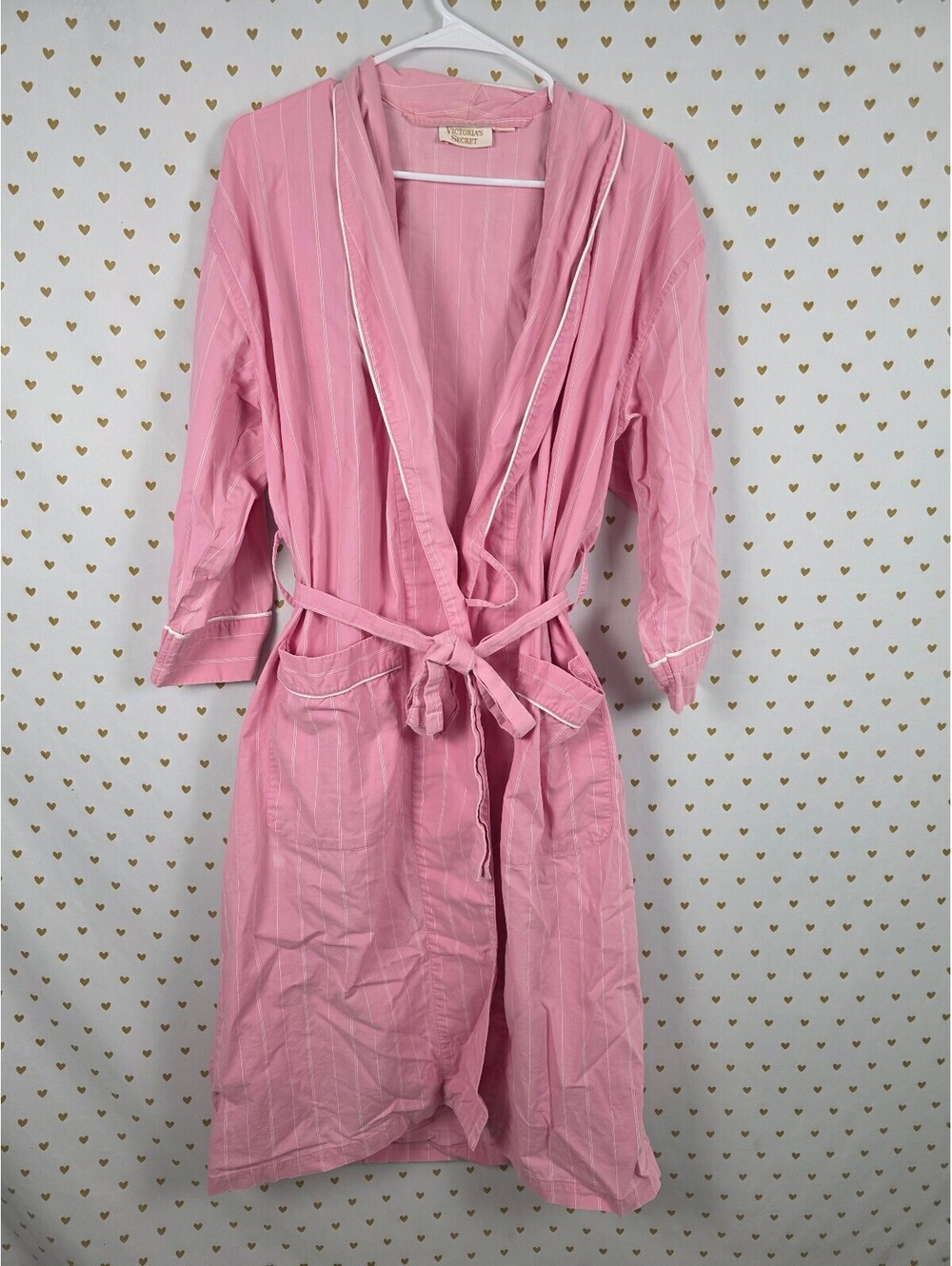 Vintage Victoria's Secret Gold Label Pink White Stripe Cotton Robe Long Belted